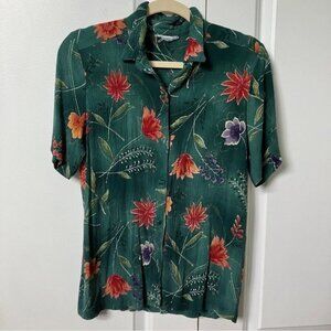 Vintage Green Floral Crepe Rayon Short Sleeve Button Down Shirt